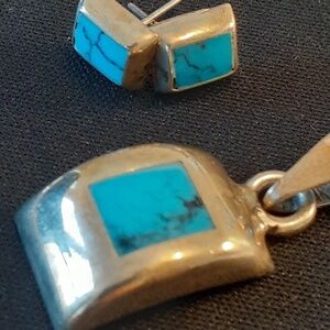 Mexican Sterling Silver and Turquoise Pendant and Earring Set